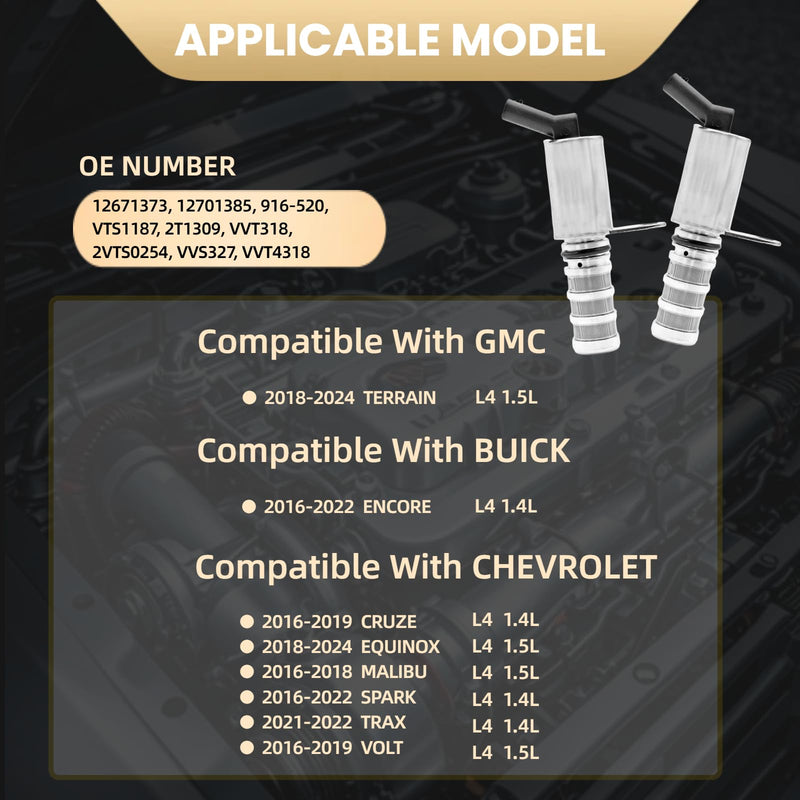 Engine Variable Valve Timing solenoid VVT Compatible with 16-22 Encore 16-19 Cruze 18-24 Equinox 16-18 Malibu 16-22 Spark 21-22 Trax 16-19 Volt 18-24 Terrain 12671373 12701385 916-520 2T1309 1.4L 1.5L