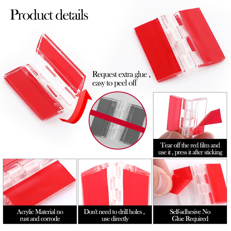 [Australia - AusPower] - 12 Pcs Plastic Hinges Piano Hinge Acrylic Hinges Self Adhesive Clear Small Hinges for Cabinet Aquarium Lid Furniture Display Stand, 35x30mm 