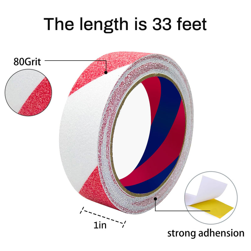 Anti Slip Tape with Bright Red & White Grip Stripes 1 Inch x 33 Feet Waterproof Hazard Caution Warning Tape for Outdoor Stairs, Step Treads, Ramp, Skateboard