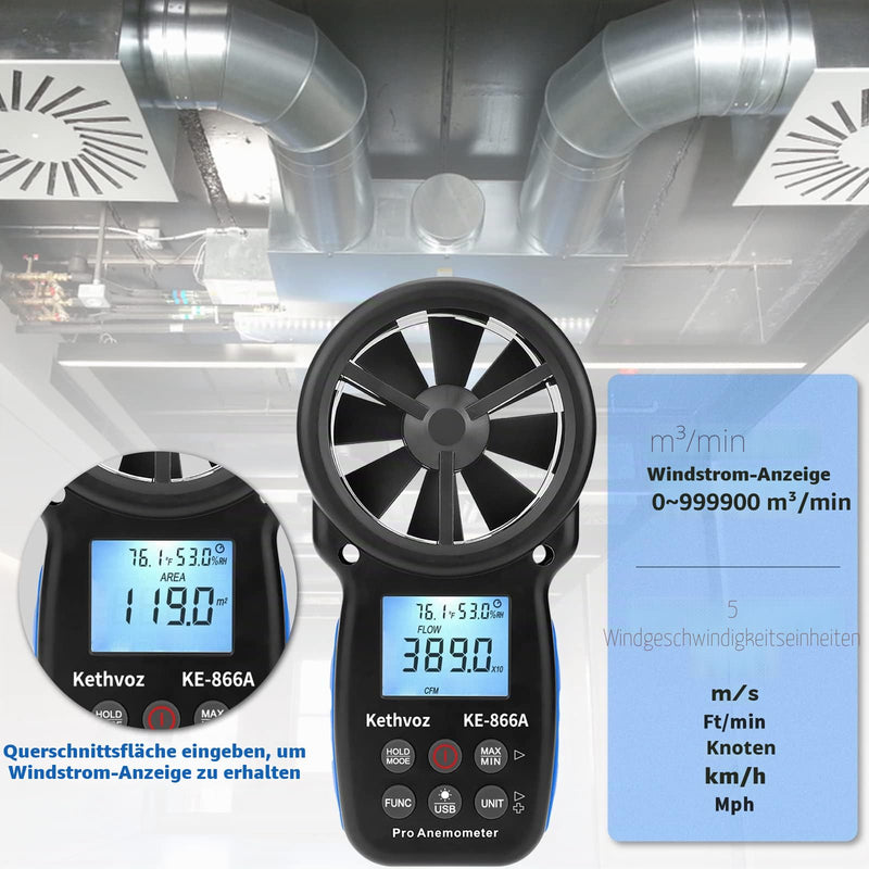 Wind Gauge HVAC Anemometer, Kethvoz Wind Meter CFM Air Flow Tester Wind Speed Meter Measure Air Flow Speed Wind Temperature for Air Vent Dust Collection Drone Shooting KE-866A