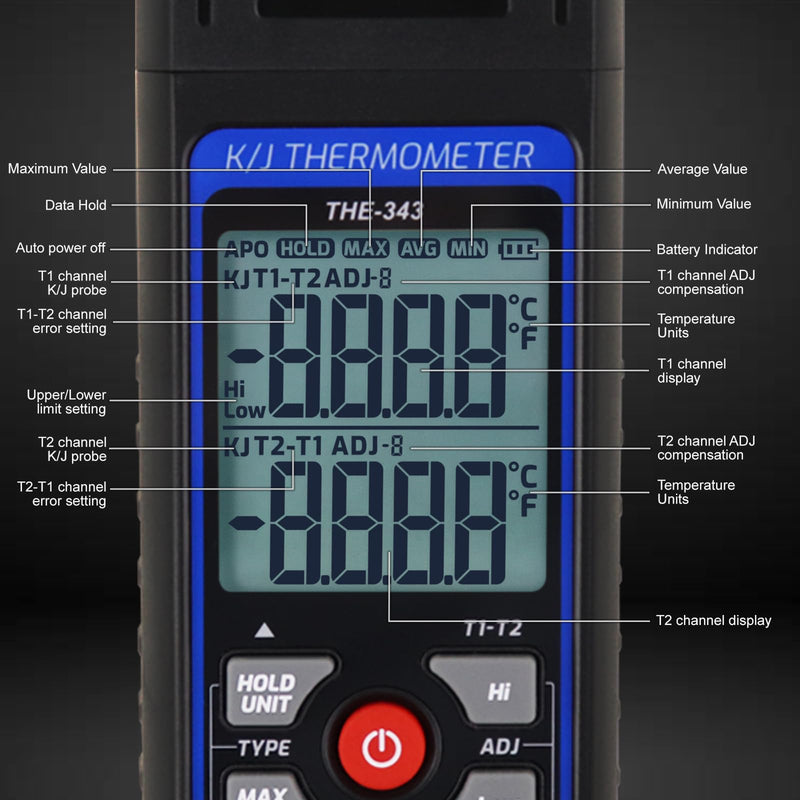 [Australia - AusPower] - Thermocouple Thermometer HVAC Temperature Meter, Digital Temperature Thermometer with 2 Temperature Clamp & 2 Wired Thermocouple Probes, Dual Channel with Alarm & ADJ Compensation (-328~2500℉ Range) 