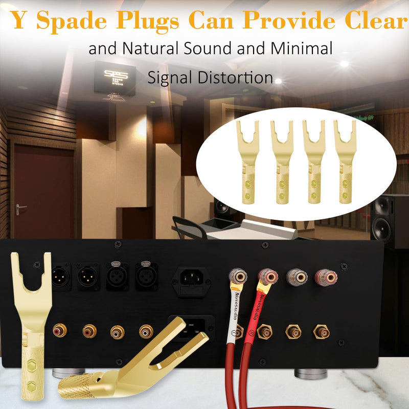 Monosaudio Spade Plug Connectors, Pure Copper 45 Degree Screw Locking Y Spade Plug Connector, 8pcs Speaker Wire Spade Terminal with Heat Shrink Tubes for 6-15Awg DIY Speaker Cable, Gold Plated