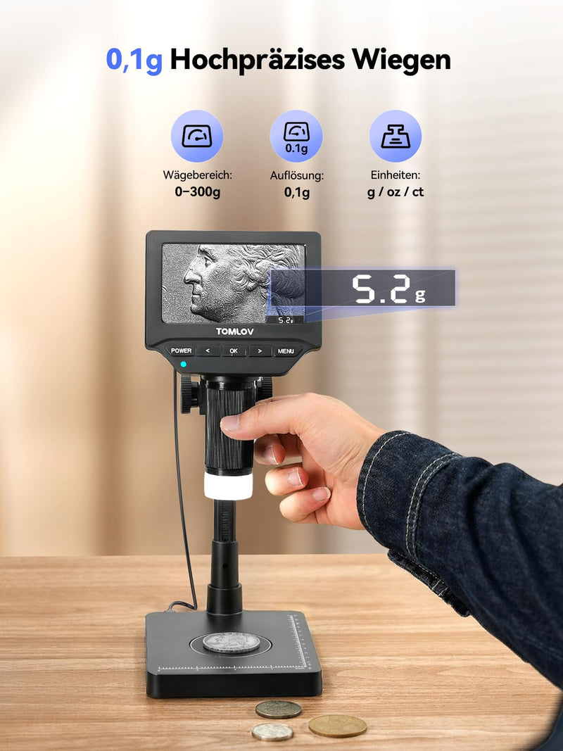 Tomlov DM4W 4.3 Inch IPS Coin Microscope with Scales, 0.1 g Accuracy | Measurement in g/oz/ct, Jewelry & Metal Testing, Integrated LEDs, USB Live Image, Photos/Videos, Wireless Design, PC Compatible, Black
