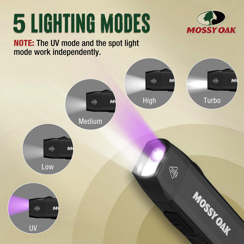 [Australia - AusPower] - Mossy Oak Rechargeable EDC Flat Flashlight 1200 Lumens, Pocket Work Light with Magnetic Base, UV & White Light Combo, Waterproof LED Inspection Light for Work, Outdoor Use and Emergencies - Black 