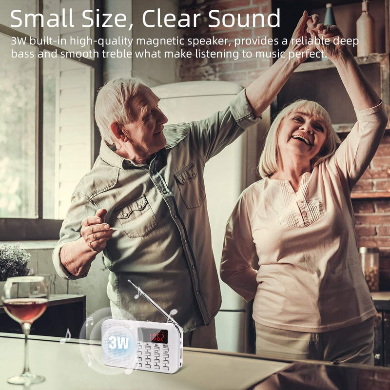 [Australia - AusPower] - Mini Portable Radio AM FM Pocket Radio with MP3, LED Flashlight, Digital Radio Speaker Support Micro SD/TF Card/USB, Auto Scan Save, 1200mAh Rechargeable Battery Operated, by PRUNUS White 