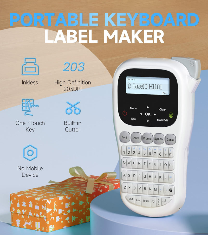 Label Maker Waterproof-Labels, Handheld Label Maker Machine with-Tape 12mm 0.47 Laminated White, Backlit Screen Multiple Fonts & Symbols, Portable Keyboard Labeler for Home Office School Use, H1100