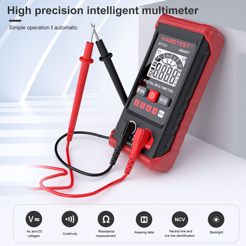 [Australia - AusPower] - True RMS Multimeter 2,000 Counts HABOTEST HT123 Digital Multimeter Auto Multi-Meter 2,000 Counts True RMS Measuring ACDC Voltage Resistance NCV Test with LCD Backlight Flashlight Data Hold 