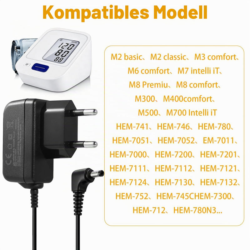 6 V Power Supply Charger for Omron Blood Pressure Monitors, Replacement AC Adapter Compatible with M2, M3, M5, M6, M7, M8, M9, M500, X2, X3, X4, X7 Smart, M3 Comfort, M7 Intelli IT, HHP-CM01, 1.5 m | Ersatz AC Adapter Kompatibel mit M7, M8, M9, M500, X...