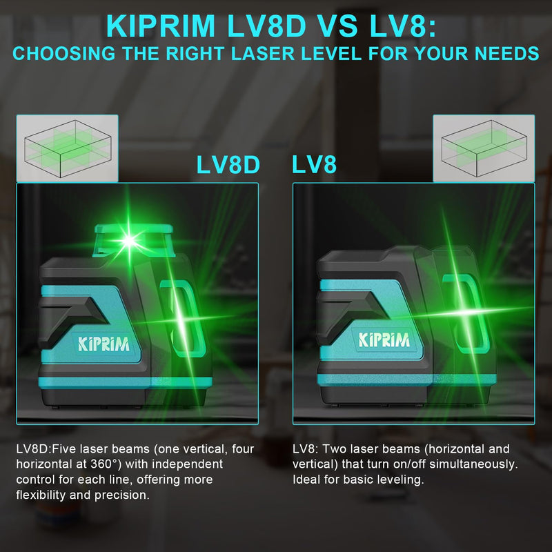 [Australia - AusPower] - Kiprim Green Laser Level LV8D with Enhanced Visibility,5 Laser Lines,Adjustable Brightness,Manual/Self Leveling/Pulse Mode,Batteries and Carrying Pouch Included 5 Laser Beams 