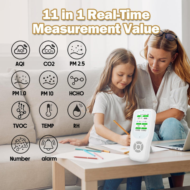 11-in-1 Air Quality Monitor - Portable Indoor Air Quality Detector with Stand, Real-Time Test for AQI, CO2, PM2.5, PM1.0, PM10, TVOC, HCHO, Particles, Humidity & Temperature White-White