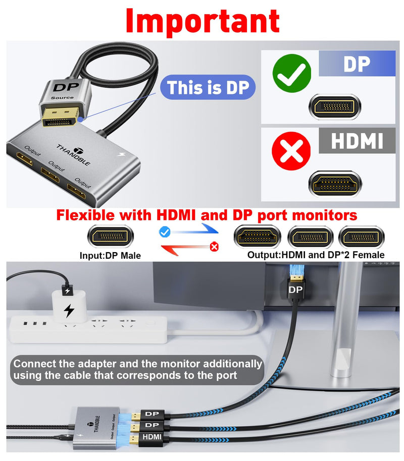DisplayPort to Dual DisplayPort with HDMI Adapter 4K@60Hz, Extended Display 1 in 3 Out MST Hub for Multiple Monitors Compatible with PC,NVIDIA/AMD Graphics Card DP to 2 DP & 1 HDMI Port