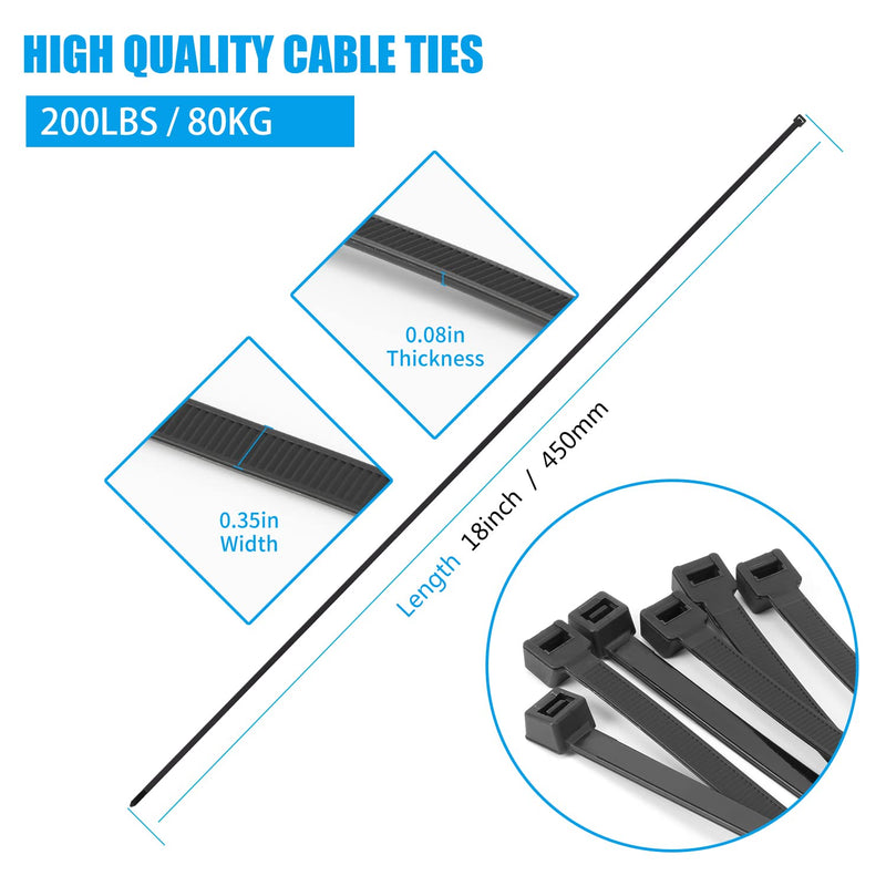 18 inch Black Zip Ties Heavy Duty 100 PACK, 200 LBS Ultra Exclusive Strong Plastic Wire Ties, Large Cable Ties Extra Long Tie Wraps, Indoor and Outdoor UV Resistant 18 inch