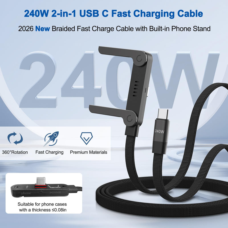 3Pack USB C to USB C Cable with Built-in Phone Stand 90° Right Angle 240W 5FT Nylon Braided Fast Charging Cord for iPhone 17 16 15 Pro Max Plus,MacBook Air/Pro,iPad Pro,Samsung S25,Pixel,iPad(Black) Black