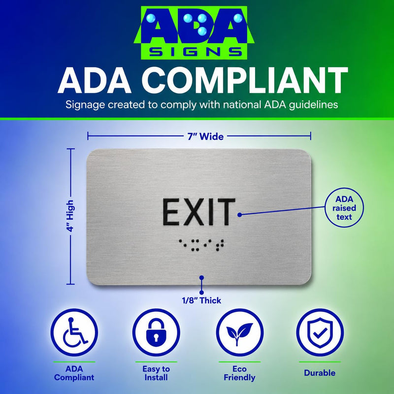 Exit Sign, Informational Business Sign, Aluminum Brushed Silver, 4" H x 7" W with Heavy Duty Double Sided Mounting Tape for Office, Business, retail, medical