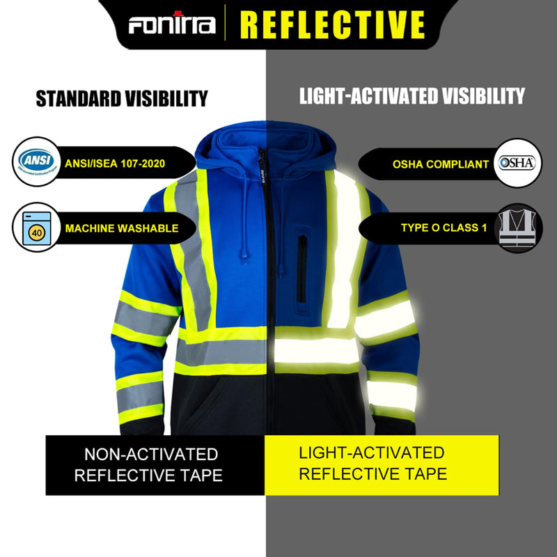 FONIRRA Hi Vis Safety Fleece Zip Hoodie for Men Reflective Sweatshirts ANSI Class 3 Jackets Detachable Hood (Blue,M) Medium Blue
