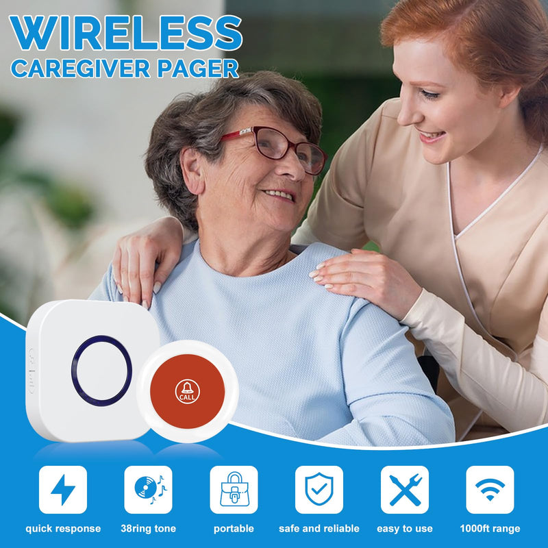 Wireless Caregiver Pager Dual Receiver Home Alert System with Emergency Call Bell SOS Buzzer Buttons for Elderly Parents 1000+ Feet Range 38 Melodies AB Buttons No Monthly Fee 2RX+2TX White 2 Receiver + 2 Call Button (White)