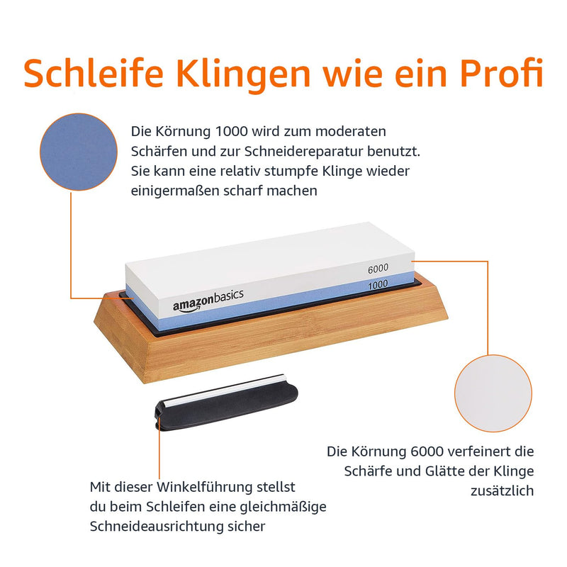 Amazon Basics Whetstone for Knife Sharpening with Water, 1000/6000 Grit on Both Sides, Non-Slip Bamboo Base, Black/Blue/White, ‎18 cm x 6.1 cm x 2.8 cm Grit: 1000/6000