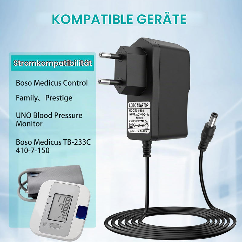 6 V Power Supply Charger for Boso Medicus Blood Pressure Monitors | Suitable for models Control/Prestige/UNO/Family/TB-233C/410-7-150, stable 5.5 x 2.1 mm plug, 1.2 m cable, multiple protection