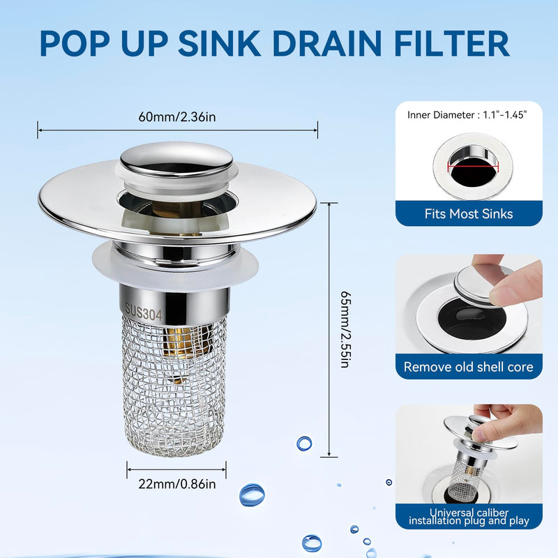 Universal Bathroom Sink Stopper & Hair Catcher, Stainless Steel Drain Filter Strainer, Anti-Clog Pop Up Drain Stopper for US Standard Bathroom Sinks(2PCS) 2pcs