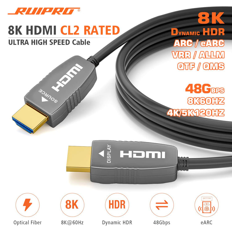 RUIPRO 8K HDMI Fiber Optic Cable CL2 Rated 10 Feet 48Gbps 8K60Hz 4K120Hz Dynamic HDR eARC HDCP2.2/2.3 for RTX4080/4090/3080/3090, Xbox S/X, PS5/4, AVR, Projector, LG/Samsung/Sony TV C-8K Fiber Gen3/C CL2 Rated 10FT