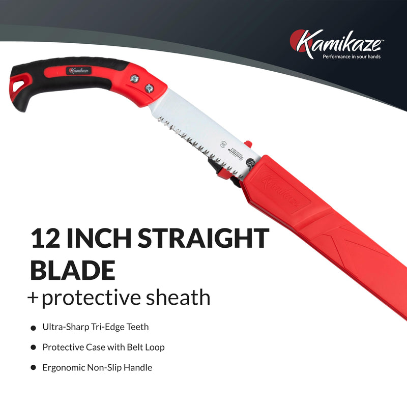 EZ Kut Kamikaze Straight Blade Pruning Saw – 18" Heavy Duty SK5 Carbon Steel – Japanese Pull-Cut Technology – Ergonomic Anti-Fatigue Grip – Tree Trimming Hand Saw with Scabbard Straight Saw