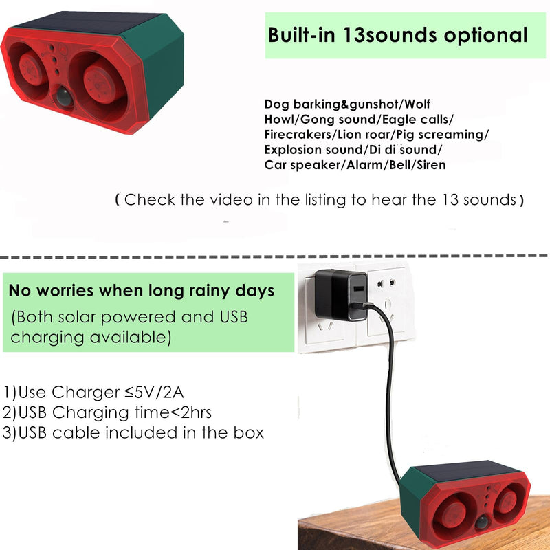 [Australia - AusPower] - HULPPRE Solar Outdoor Motion Sensor Alarm-13 Sounds Including Dog Barking&Gunshot,2*130db Loud Noise Maker,+/-Volume,4 Modes,Support Recording,Strobe Light with USB,Say Goodbye to The Intruders Dual speakers&13 sounds alarm 