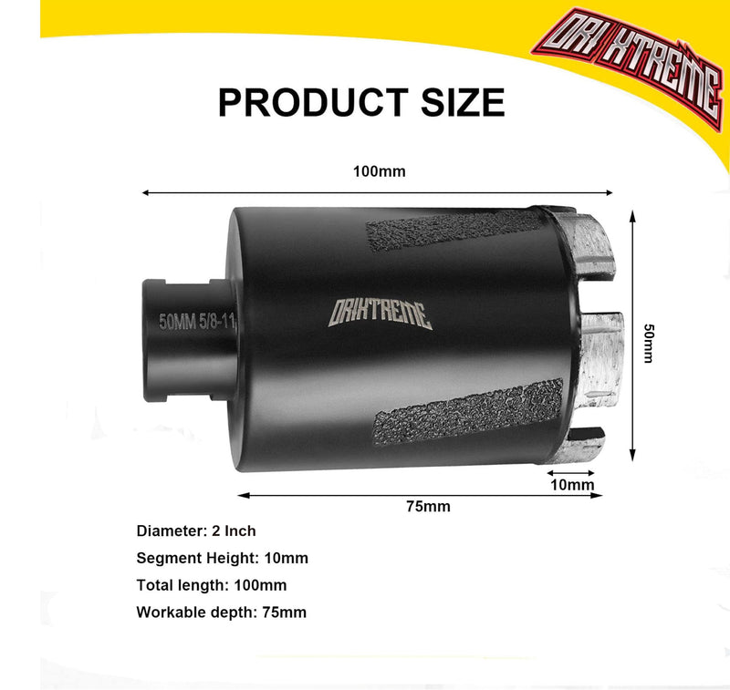 Diamond Core Drill Bits 2Inch Granite Hole Saw for Dry Drilling Concrete Marble Stone with 5/8-11 Thread 50mm 50mm(2'')
