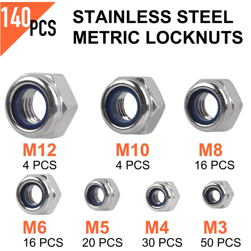 [Australia - AusPower] - Locknuts Assortment Kit - M3 M4 M5 M6 M8 M10 M12 Metric Nylon Insert Lock Nuts Set,140PCS Lock Nuts,304 Stainless Steel Metric Locknuts Assortment 140PCS 