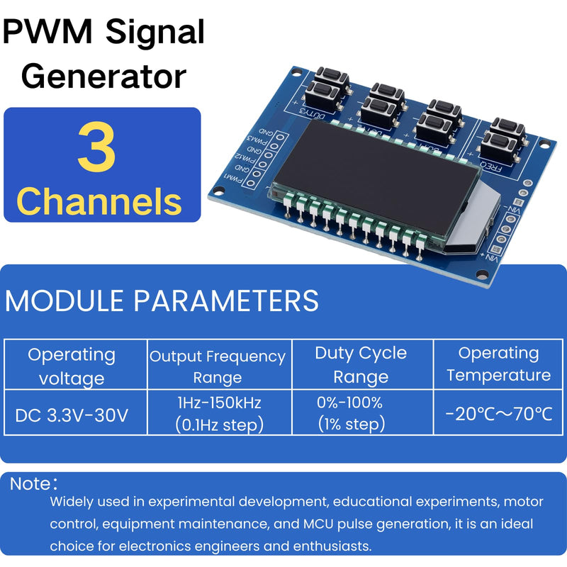 3-Channel PWM Digital Signal Generator Module, 1Hz-150kHz Adjustable, Rectangle/Square Wave Generator, Duty Ratio 0%-100% with LCD Display