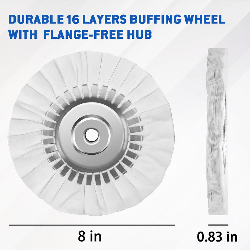 8" Fine White Airway Buffing Wheel with 5/8" Arbor Flange-Free Hub, Flange-Free, Cotton Polishing Wheel for Aluminum Truck Wheels, Rims, Chrome, Stainless Steel – Final Mirror Finish