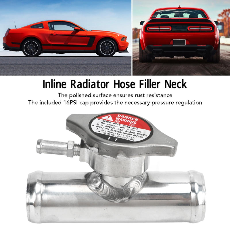 Dioche Radiator Filler Nozzle, Inline Radiator Hose Filler Neck with 16 PSI Closure, 32 mm (1-1/4 Inch) Outer Diameter, Polished Surface Made of T6061 Aluminum for Cars