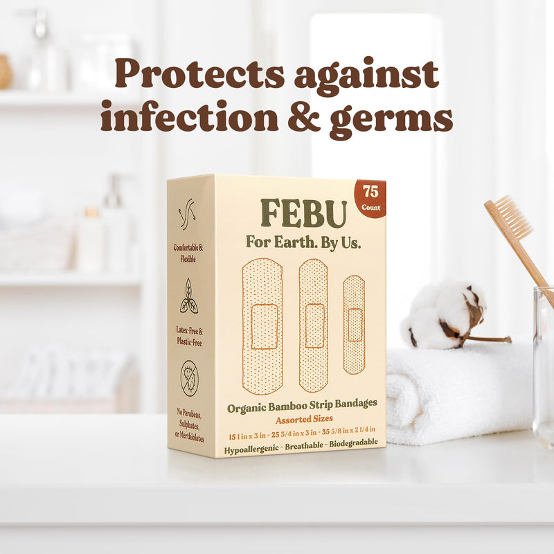 [Australia - AusPower] - FEBU Eco-Friendly Organic Bamboo Fabric Bandages for Sensitive Skin | PFAS Free Flexible Latex Free Bandages | Natural Hypoallergenic Bandages for Scrapes, Cuts & First Aid | 75 Count Variety Pack Strip Bandages Variety 