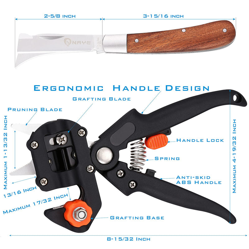 [6 Blades Enhanced] NAYE 2 in 1 Garden Grafting Tool Kit for Fruit Trees with Grafting Knife Grafting Tapes,Extra Replacement Blades Included,Professional Grafting Scissor Shear Japanese