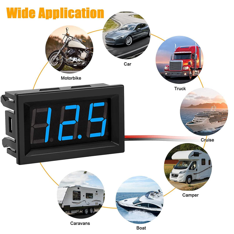 [Australia - AusPower] - 5 Pack DC 5~120V Digital Mini Voltmeter Tester Voltage Gauge, SUNJOYCO 0.56" LED Display Panel Motorcycle Battery Monitor, 2 Wire Calibratable DC Volt Meter, Blue 