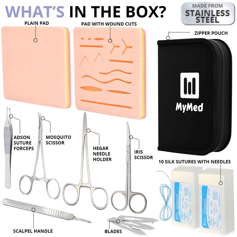 [Australia - AusPower] - Complete Suture Practice Kit for Medical Students, Improved Stitches Kit Medical Including 2 x Large Suture Pads 1 x Plain, 1 x Pre-Cut, 5 Suture Tools, Surgical Practice Kit (Education Use Only) 