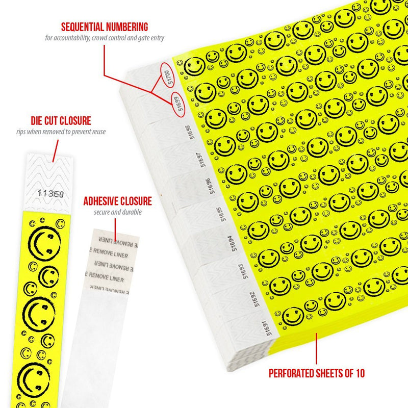 200 WristCo Yellow Smiley Face Tyvek Wristbands for Events - ¾” x 10” - Waterproof Recyclable Comfortable Tear Resistant Paper Bracelets Wrist Bands for Concerts Festivals Admission Party Neon Yellow 200 Count
