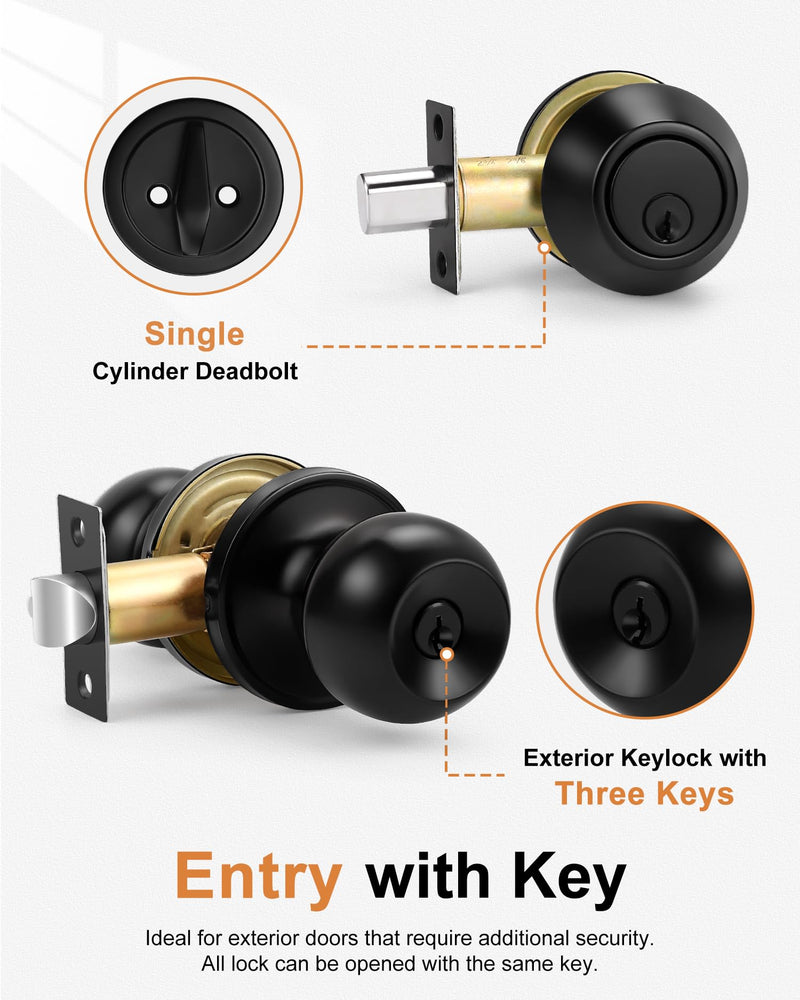 Probrico Flat Black Entry Door Knob and Single Cylinder Deadbolt Set, Keyed Alike, 1Pack 1 Pack