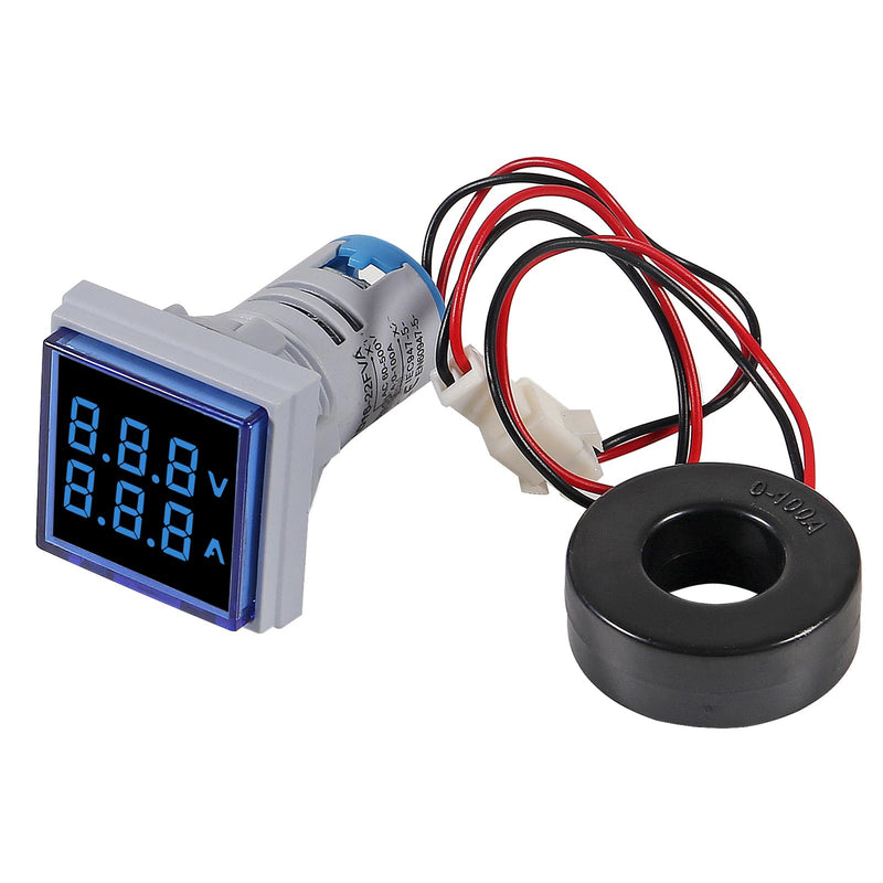 [Australia - AusPower] - 2pcs Blue LED Display Voltmeter, Square Dual Display Voltmeter and Ammeter LED Digital Voltage Gauge AC 60-500V 0-100A Current Meter Indicator 