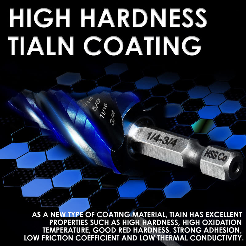 Matework M35 Cobalt Step Drill Bit Set, Four Spiral Flute Unibit Step Drill Bits (1/8"-7/8") Wear-Resistant TiAlN Coated, 1/4" Hex Shank for Metal, Carbon Steel, Stainless Steel, Wood, Plastic (3Pcs) 1/8"-7/8"