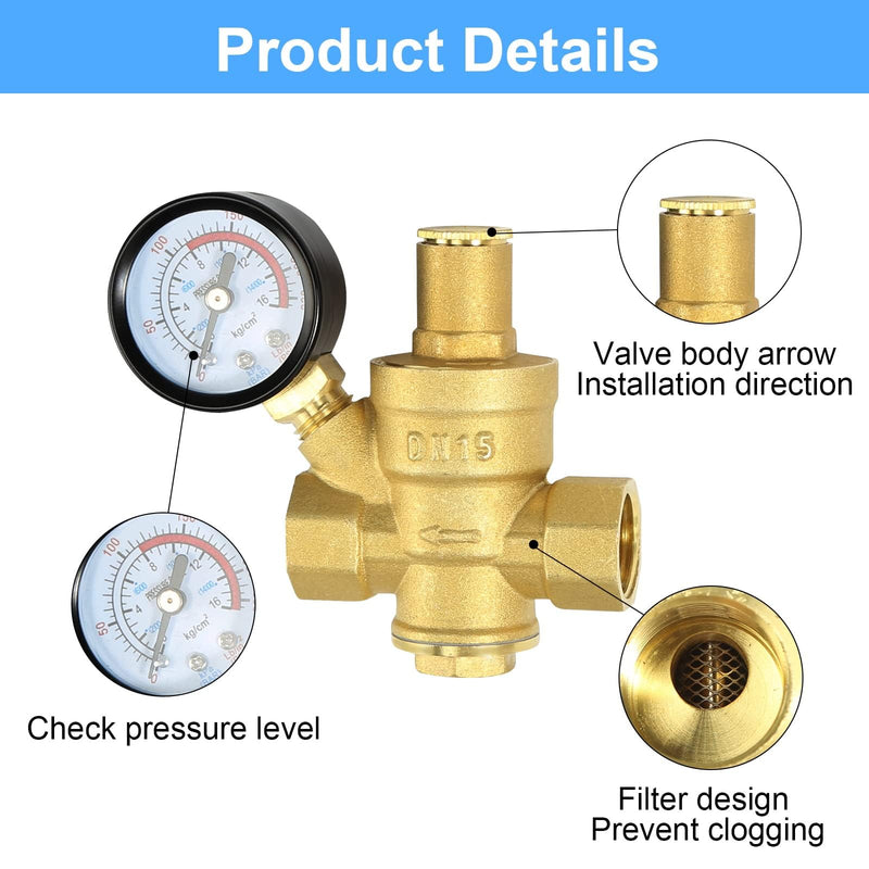 [Australia - AusPower] - Water Pressure Regulator 1/2 inch with Gauge, Made of 100% High Hardness Brass, Adjustable Water Pressure Reducing Valve Water 