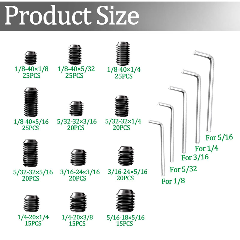 [Australia - AusPower] - 535PCS Set Screw Assortment Kit Metric + SAE 26 Size 12.9 Class Alloy Steel Grub Screw Internal Hex Drive Cup-Point Allen Screws Set M3 to M8 and 1/8-40 to 5/16-18 Black 535pcs 