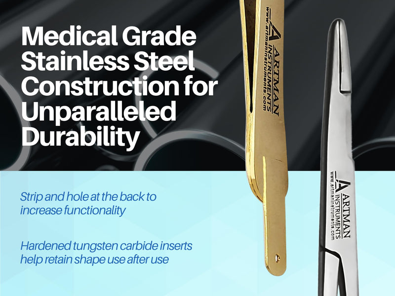 [Australia - AusPower] - Bundle of Olsen Hegar Needle Holder 6" Gold Plated Handle with Tungsten Carbide Inserts & Adson Forceps Kocher with Skin Stopper at The Back 4.75" Straight Fine Point 1X2 Teeth by Artman Instruments 