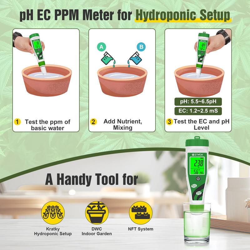 [Australia - AusPower] - pH EC TDS Meter for Water Hydroponic Nutrient with 8.4oz pH 4.00 Calibration Solution and 8.4oz pH 7.00 Calibration Solution, 4 in 1 pH Conductivity PPM Tester with Simultaneous Display 