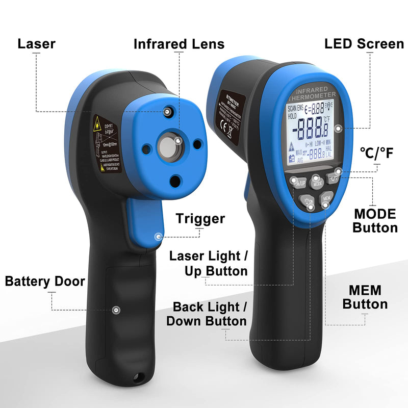 Infrared Thermometer Gun - BTMETER BT-985C Non Contact 16:1 IR Laser Temperature Gun Digital Instant Read -50℃~800℃(-58℉~1472℉) for Food Cooking Kitchen Grilling HVAC (NOT for Human Temp) BT-985C(-58 ℉ to 1472℉)