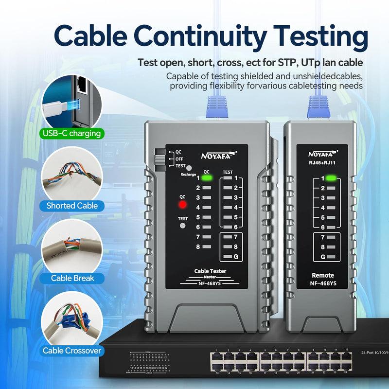 [Australia - AusPower] - NOYAFA NF-468YS Network Cable Tester, Ethernet Cable Tester for RJ11, RJ12, RJ45, CAT5,CAT6, CAT7, Continuity Tester,PoE Testing, UTP/STP Cable Checker, 60VAnti-Burn LAN Network Tools 