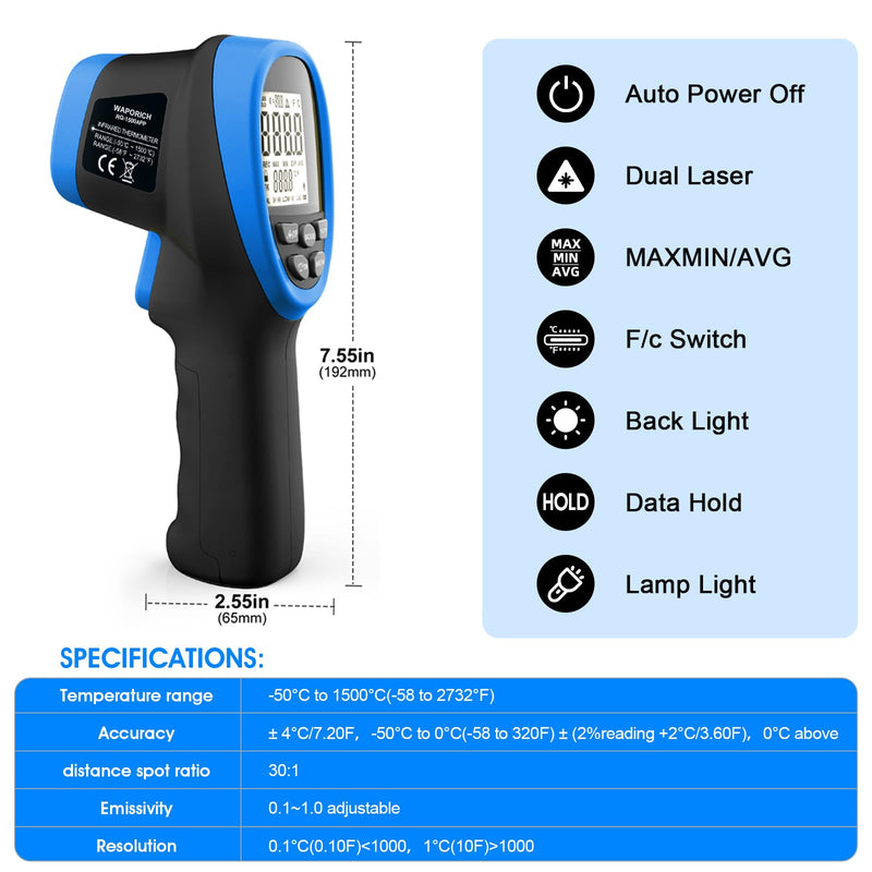 [Australia - AusPower] - Pyrometer 30:1 Non-Contact High Temp Thermometer Gun-58℉ to 2732℉ (-50℃ ~ 1500℃) IR Thermometer Gun with Mobile APP for Pizza ovens, Kiln, Forge RQ-1500APP【Not for Human】 