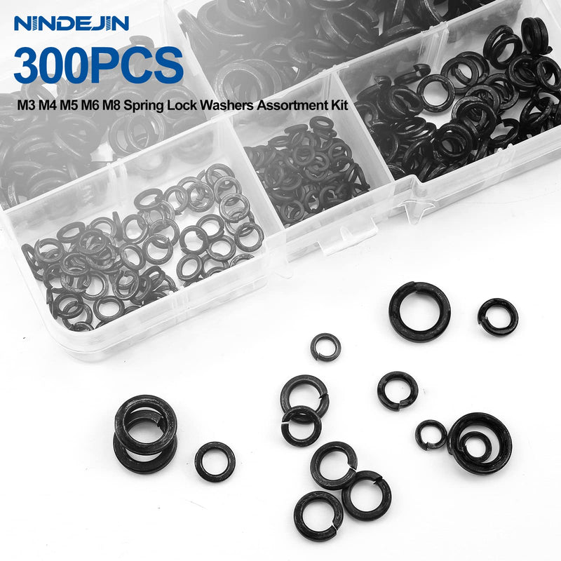 [Australia - AusPower] - NINDEJIN 300Pcs Spring Lock Washers Assortment Kit, M3 M4 M5 M6 M8 Black Zinc Plated Carbon Steel Split Lock Washer Set, Spring-loaded Circular Split Washers for Prevent Fasteners Loosening 