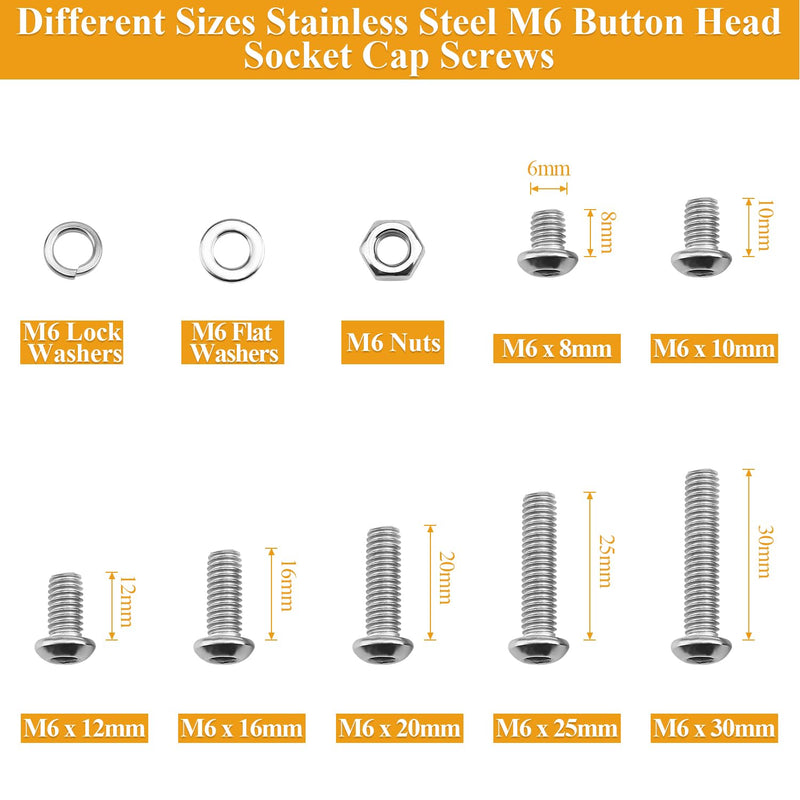 [Australia - AusPower] - 151 Pieces M6 Screws Nuts Washers Set, Sutemribor M6 x 8/10/12/16/20/25/30mm Button Head Socket Cap Screws Nuts Washers Assortment Kit, 304 Stainless Steel, Fully Threaded 
