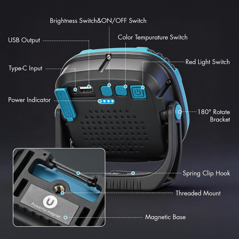 [Australia - AusPower] - 6000mAh Magnetic Work Light Rechargeable, 4000LM 136-LED Magnetic Light with Hook, IP65 Waterproof, 30H Runtime, Portable LED Work Light for Car Repair, Job Site Lighting, Emergency(Blue) 1 Pack Blue 