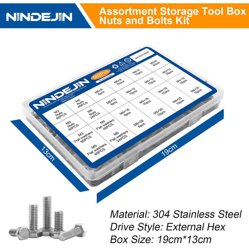 [Australia - AusPower] - NINDEJIN 552 PCS M3 M4 M5 M6 Hex Head Bolts and Nuts Set, 304 Stainless Steel External Hexagonal Bolts Set with Nuts and Washers, Heavy Duty Hex Head Cap Bolts and Nuts Kit with Storage Box 